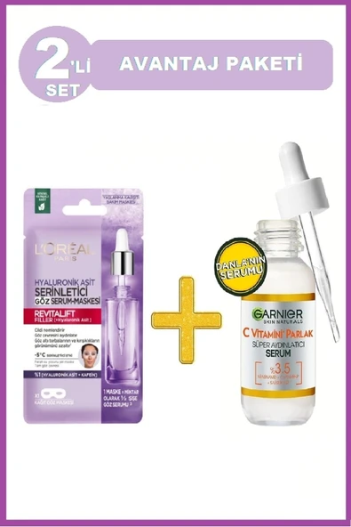 GARNİER Aydınlatıcı Serum 30ml Ve L'oreal Paris Revitalift Filler Serinletici Göz Serum Maskesi ürün görseli 1