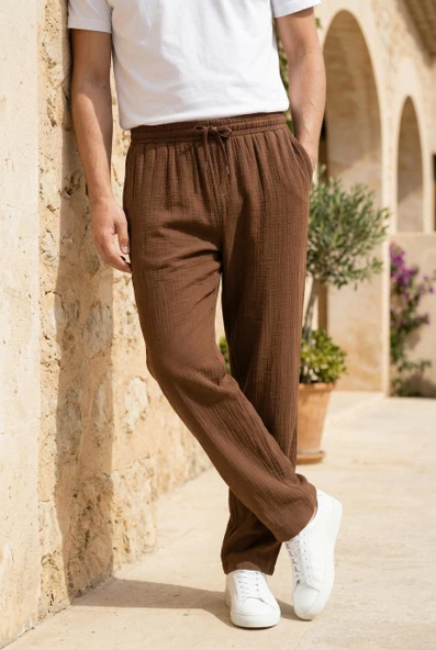 Hafif ve Rahat Müslin Baggy Erkek Pantolon - Kahve ürün görseli 1