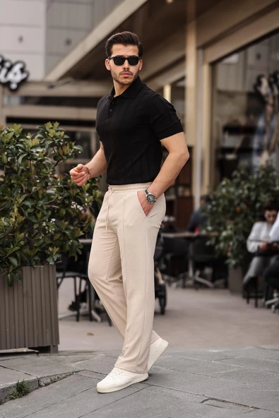 Rahat Kalıp Beli Lastikli Baggy  Pantolon - Bej ürün görseli 1