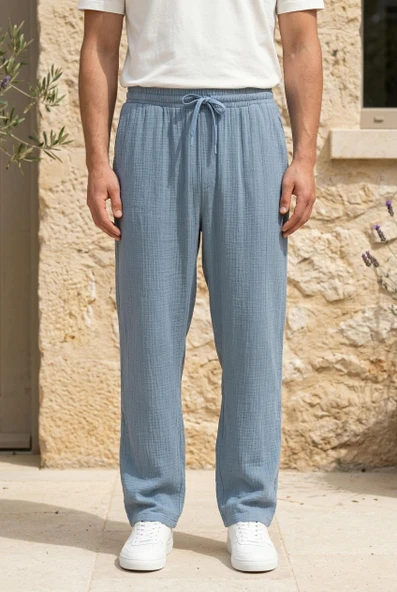 Hafif ve Rahat Müslin Baggy Erkek Pantolon - Soğuk Mavi ürün görseli 1
