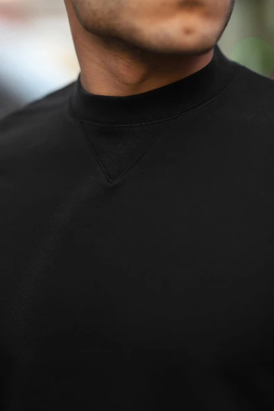 Bisiklet Yaka Basic Sweatshirt - Siyah - Resim 3
