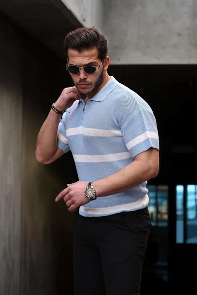 Yarım Fermuar Çizgili Oversize Triko T-Shirt - Açık Mavi ürün görseli 1