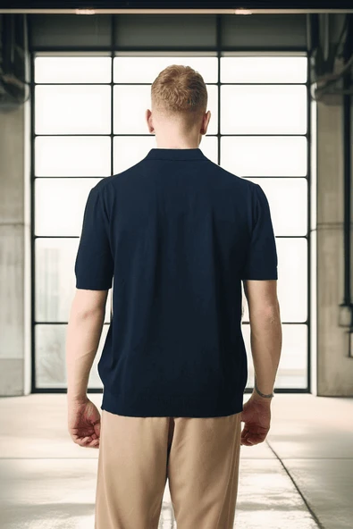 Polo Yaka Basic Düğmeli Triko Erkek T-Shirt - Lacivert - Resim 4