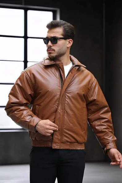 Oversize Premium Deri Ceket/Mont - Taba - Resim 3