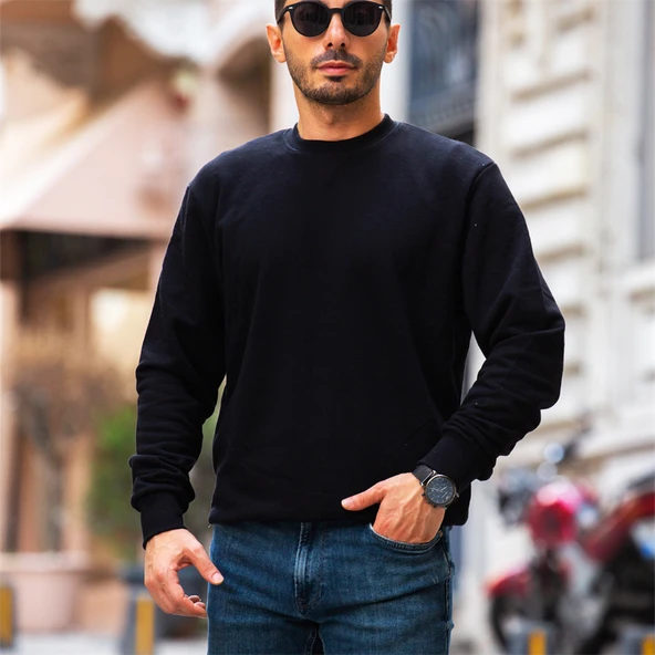 Bisiklet Yaka Basic Sweatshirt - Siyah - Resim 10