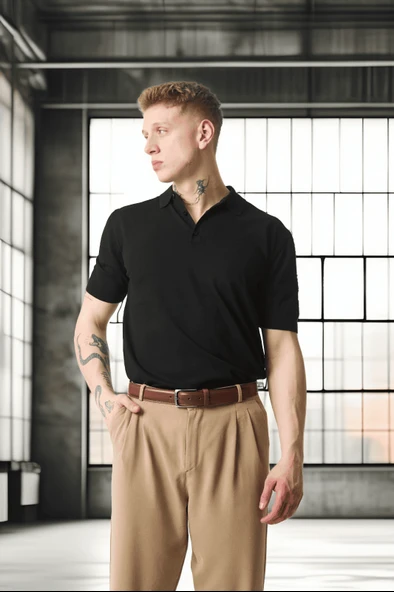 Polo Yaka Basic Düğmeli Triko Erkek T-Shirt - Siyah - Resim 12