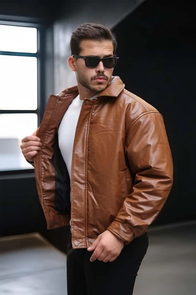 Oversize Premium Deri Ceket/Mont - Taba - Resim 2