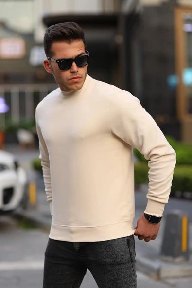 Bisiklet Yaka Basic Sweatshirt - Bej - Resim 2