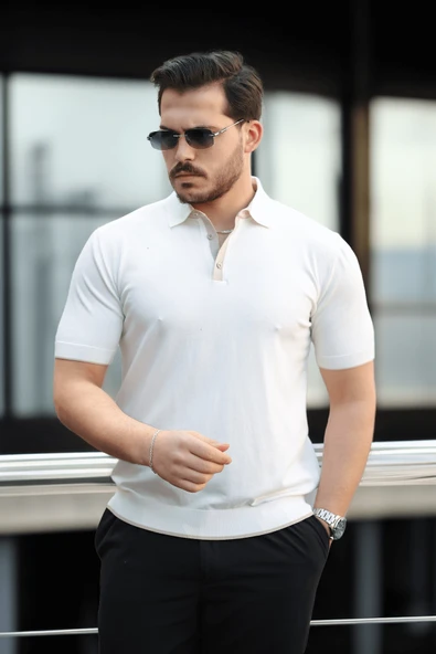 Premium Şerit Detaylı Viskon Polo Yaka Triko Erkek T-Shirt - Ekru ürün görseli 1