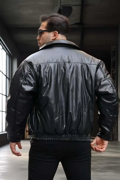 Oversize Premium Deri Ceket/Mont - Siyah - Resim 6