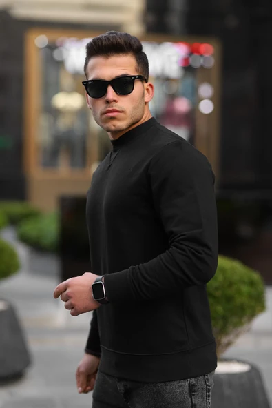 Bisiklet Yaka Basic Sweatshirt - Siyah - Resim 2
