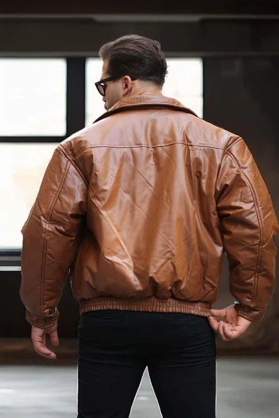 Oversize Premium Deri Ceket/Mont - Taba - Resim 5