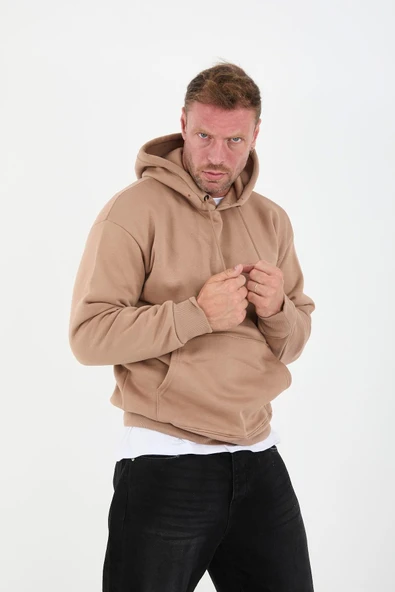 Bej Erkek Oversize Kapüşonlu Kanguru Cepli Sweatshirt - Hoodie ürün görseli 1