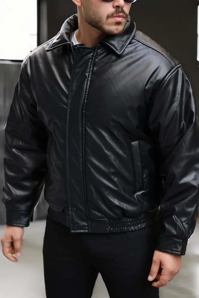 Oversize Premium Deri Ceket/Mont - Siyah - Resim 5