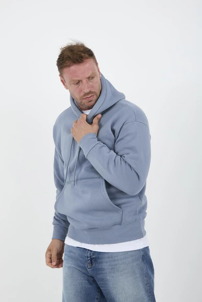 Açıkmavi Erkek Oversize Kapüşonlu Kanguru Cepli Sweatshirt - Hoodie ürün görseli 1
