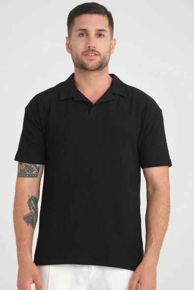 Premium V Yaka Oversize Fitilli T-Shirt - Siyah ürün görseli 1