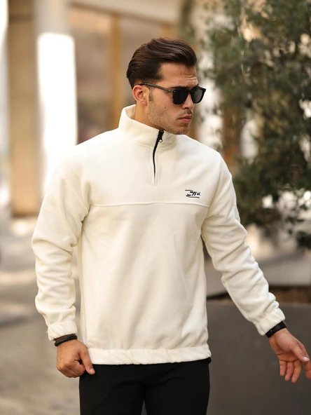 Premium Yarım Ferrmuar Polar Sweatshirt - Ekru ürün görseli 1