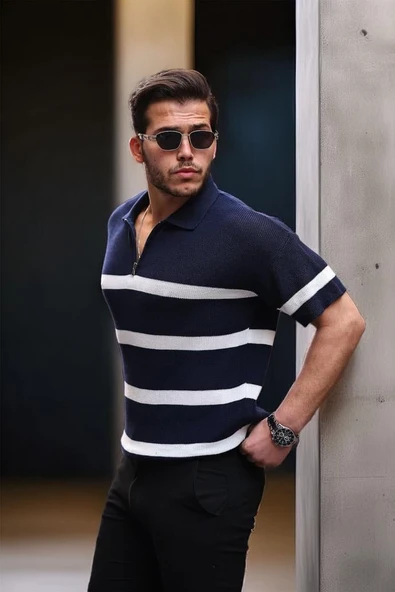 Yarım Fermuar Çizgili Oversize Triko T-Shirt - Lacivert ürün görseli 1