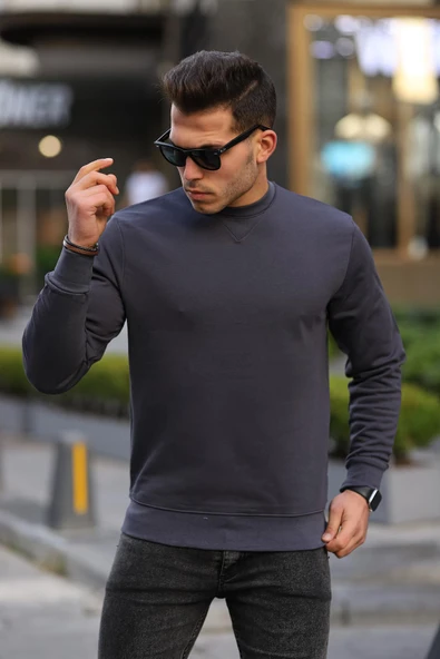 Bisiklet Yaka Basic  Sweatshirt - Füme ürün görseli 1