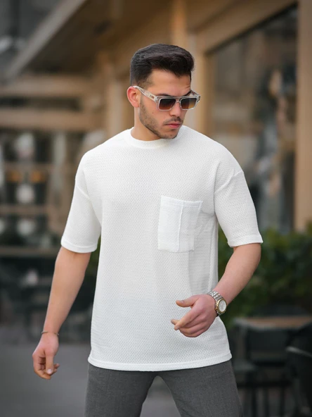 Cep Detaylı Oversize Örme T-shirt - Beyaz - Resim 2