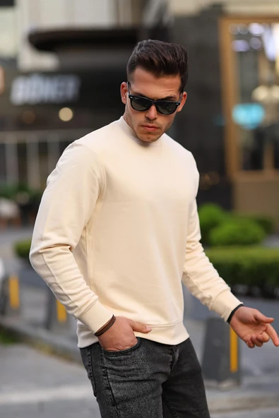 Bisiklet Yaka Basic Sweatshirt - Bej ürün görseli 1