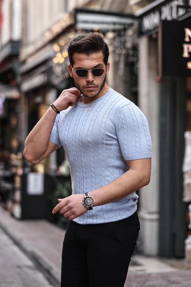 Saç Örgü Fit Kesim Bisiklet Yaka Triko T-Shirt - Açık Mavi ürün görseli 1