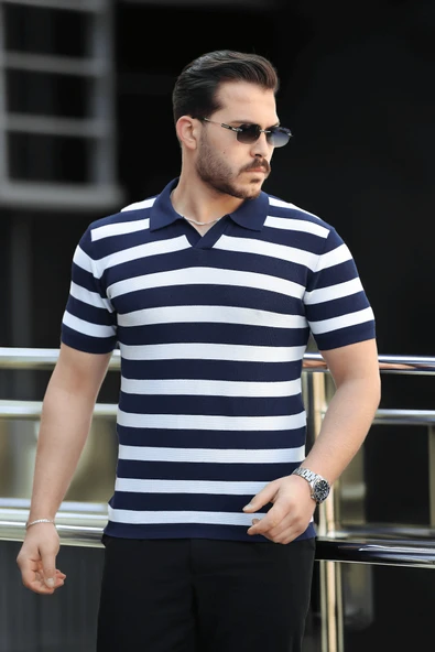 Premium Yan Çizgili Viskon Polo Yaka Triko Erkek T-Shirt - Lacivert ürün görseli 1