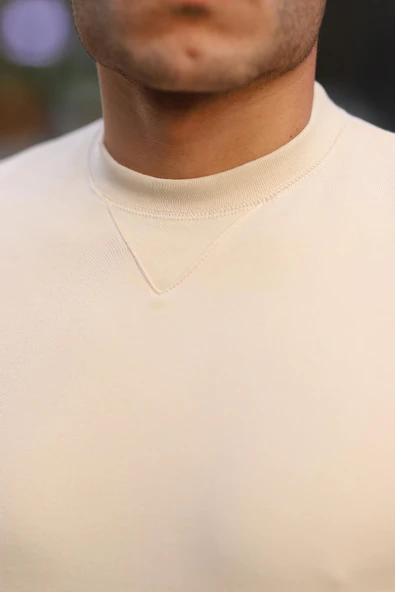 Bisiklet Yaka Basic Sweatshirt - Bej - Resim 3