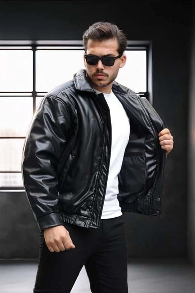 Oversize Premium Deri Ceket/Mont - Siyah - Resim 2