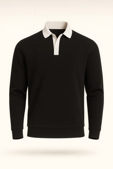 Luis Polo Yaka Selanik Örme Kumaş Erkek Sweatshirt - Siyah ürün görseli 1
