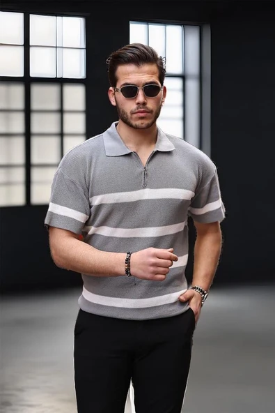 Yarım Fermuar Çizgili Oversize Triko T-Shirt - Gri ürün görseli 1