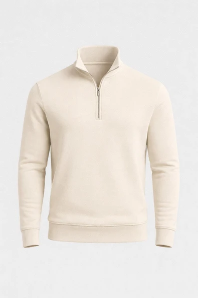Lars Selanik Örme Kumaş Yarım Fermuar Erkek Sweatshirt - Taş ürün görseli 1