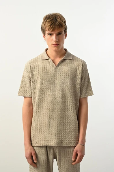 Premium Gölge Dokulu Polo Yaka Erkek T-Shirt - Bej ürün görseli 1