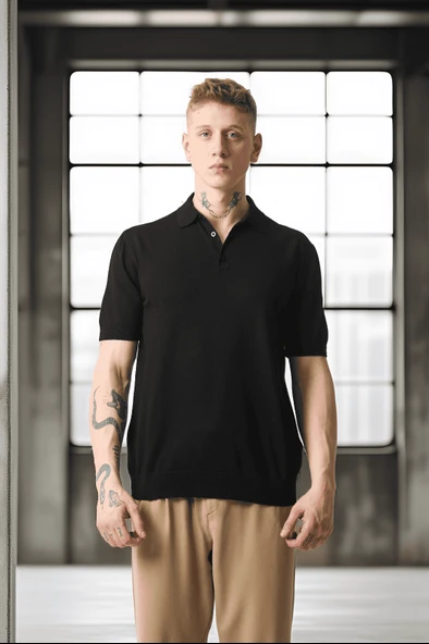 Polo Yaka Basic Düğmeli Triko Erkek T-Shirt - Siyah - Resim 9