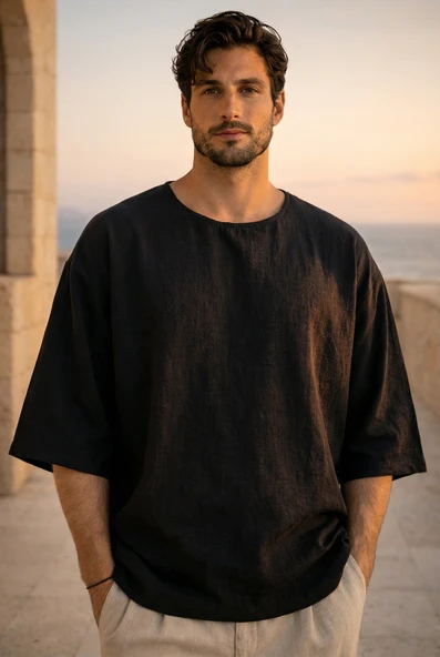 Castiel Bisiklet Yaka Fakir Kol Oversize Kısa Kol T-shirt - Siyah ürün görseli 1