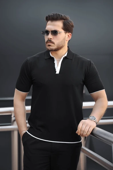 Premium Şerit Detaylı Viskon Polo Yaka Triko Erkek T-Shirt - Siyah ürün görseli 1