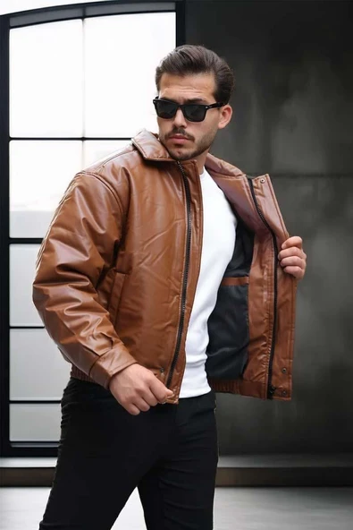 Oversize Premium Deri Ceket/Mont - Taba - Resim 4