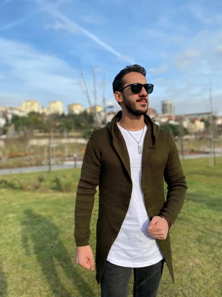 Haki Erkek Düz Panço Hırka - Resim 2