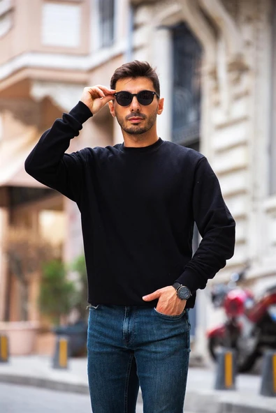 Bisiklet Yaka Basic Sweatshirt - Siyah - Resim 5