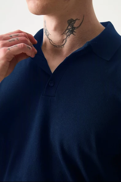 Polo Yaka Basic Düğmeli Triko Erkek T-Shirt - Lacivert - Resim 2