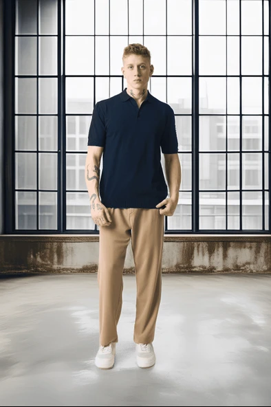 Polo Yaka Basic Düğmeli Triko Erkek T-Shirt - Lacivert - Resim 3