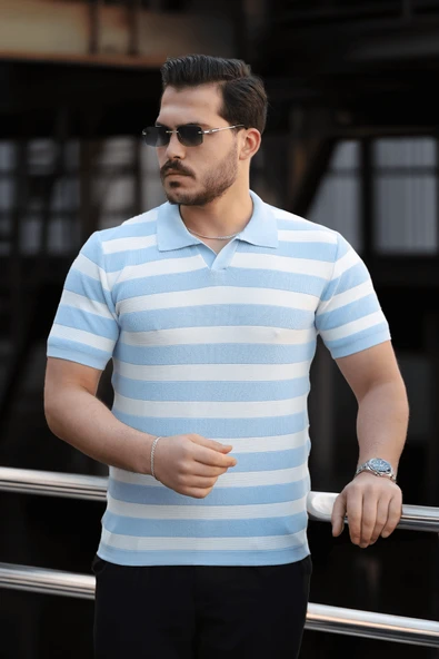 Premium Yan Çizgili Viskon Polo Yaka Triko Erkek T-Shirt - Mavi ürün görseli 1