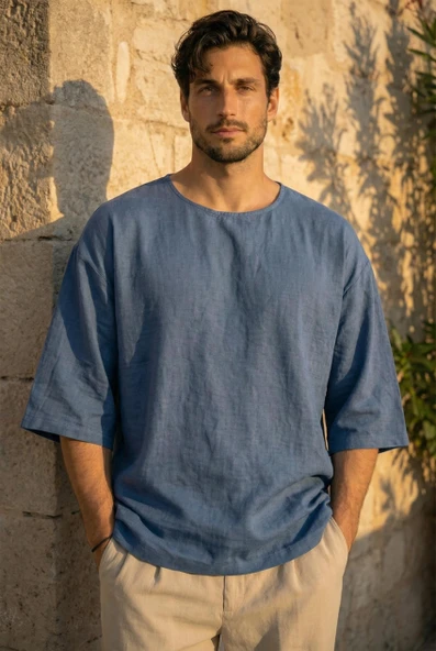 Castiel Bisiklet Yaka Fakir Kol Oversize Kısa Kol T-shirt - Mavi ürün görseli 1