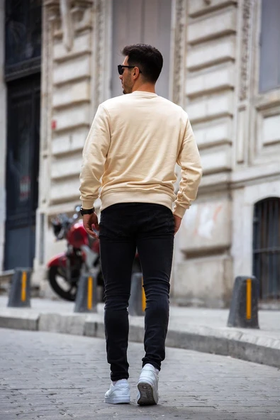 Bisiklet Yaka Basic Sweatshirt - Bej - Resim 4