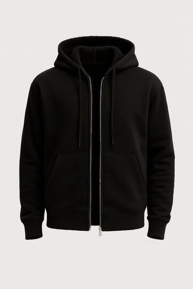 İçi Peluş Üç İplik Kumaş Oversize Fermuarlı Kapüşonlu Sweatshirt- Siyah ürün görseli 1