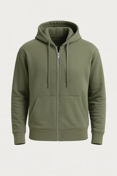 İçi Peluş Üç İplik Kumaş Oversize Fermuarlı Kapüşonlu Sweatshirt- Avcı Yeşili ürün görseli 1