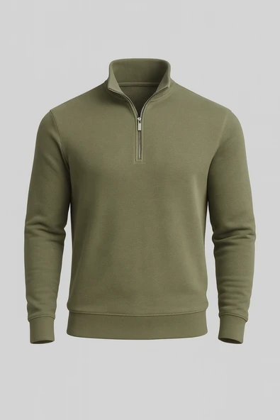 Lars Selanik Örme Kumaş Yarım Fermuar Erkek Sweatshirt - Haki ürün görseli 1