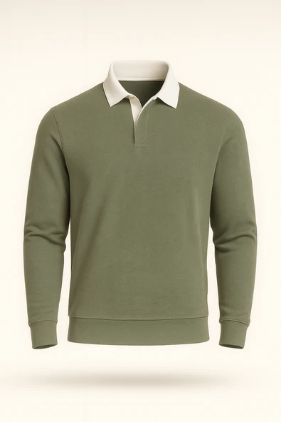 Luis Polo Yaka Selanik Örme Kumaş Erkek Sweatshirt - Açık Haki ürün görseli 1