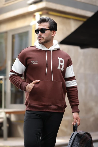 Sportif Şerit Detaylı Şardonlu Kapüşonlu Sweatshirt - Kahve ürün görseli 1