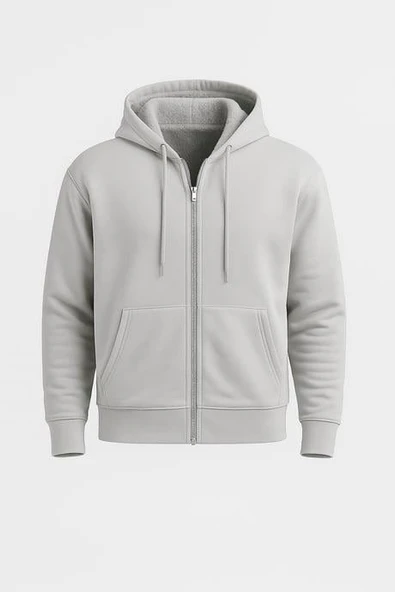 İçi Peluş Üç İplik Kumaş Oversize Fermuarlı Kapüşonlu Sweatshirt- Mineral Gri ürün görseli 1